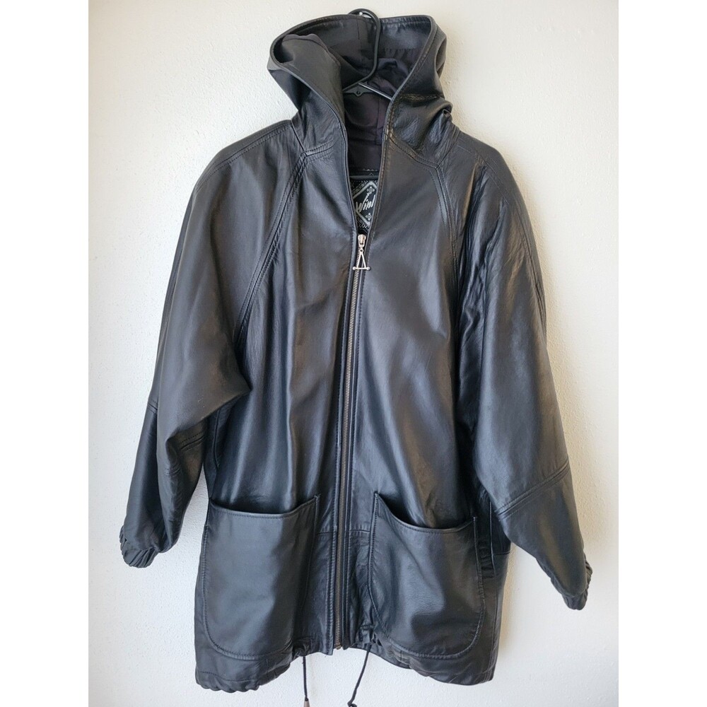 Winlit Vintage Black Leather Hooded Jacket S Longline 90s Y2K Streetwear